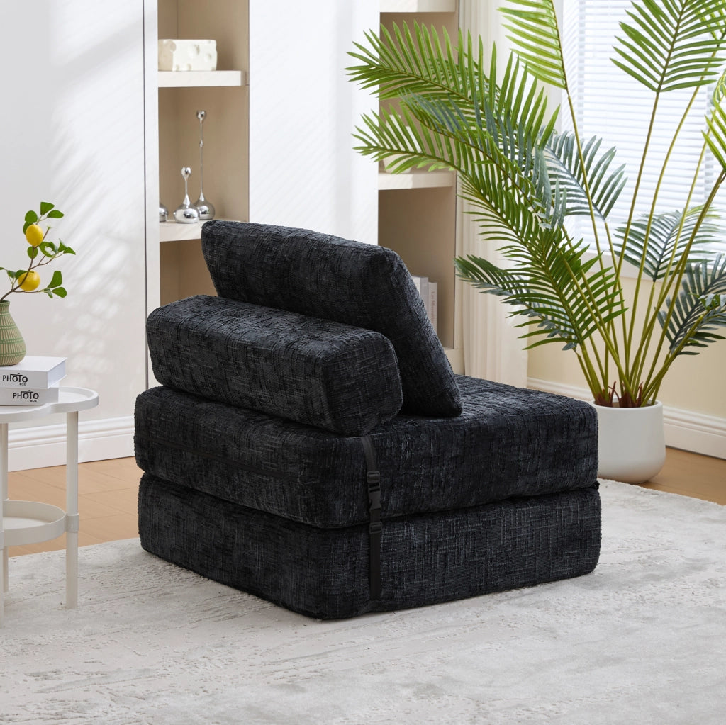 Divano letto pieghevole 79x180 cm in chenille nero con cuscini testa e lombari