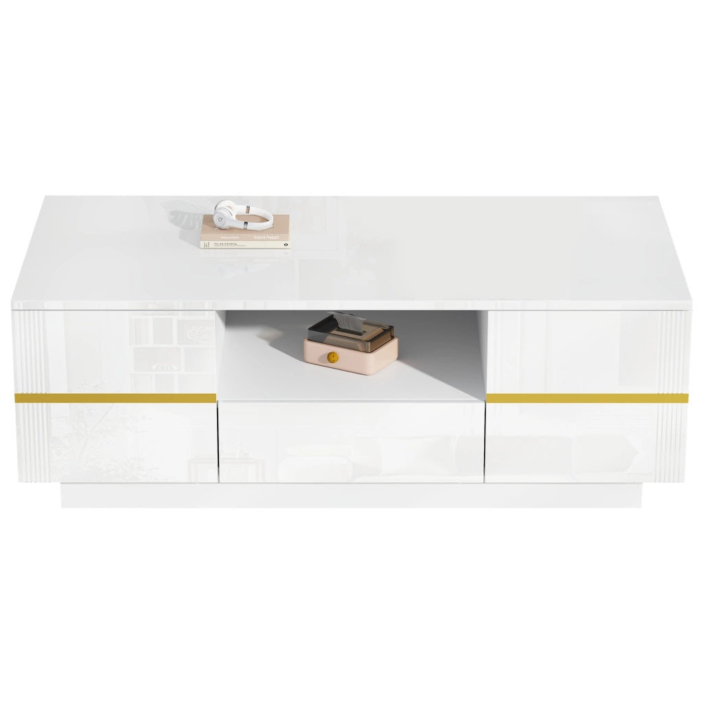 Tavolino da salotto bianco con dettagli dorati, MDF, 100 x 50 x 35,5 cm, 2 ante e 1 cassetto