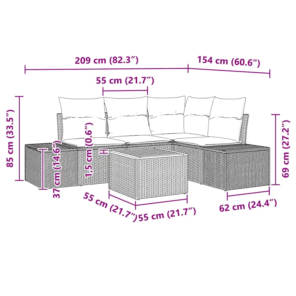 Set Divano da Giardino con cuscino 5 pcs Nero polyrattan 3347950