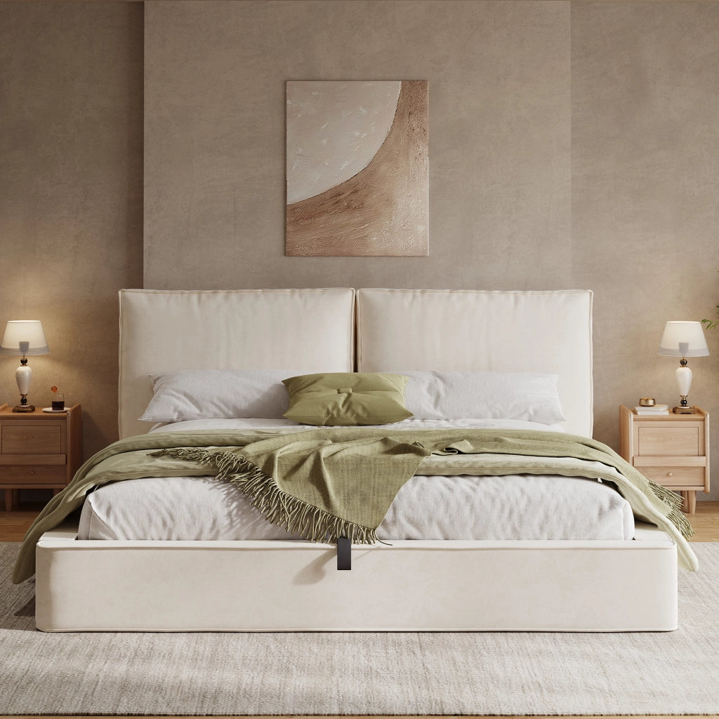 Letto contenitore matrimoniale 180 × 200 cm 2 posti con sollevamento idraulico; senza materasso; in velluto beige