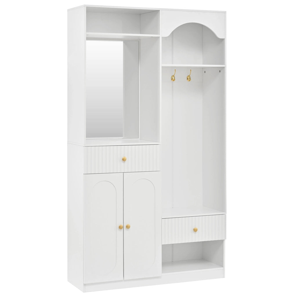 Mobile da ingresso con specchio, panca, ganci, LED, 2 ante, cassetti e ripiani regolabili, in MDF bianco, 100 × 35 × 180 cm