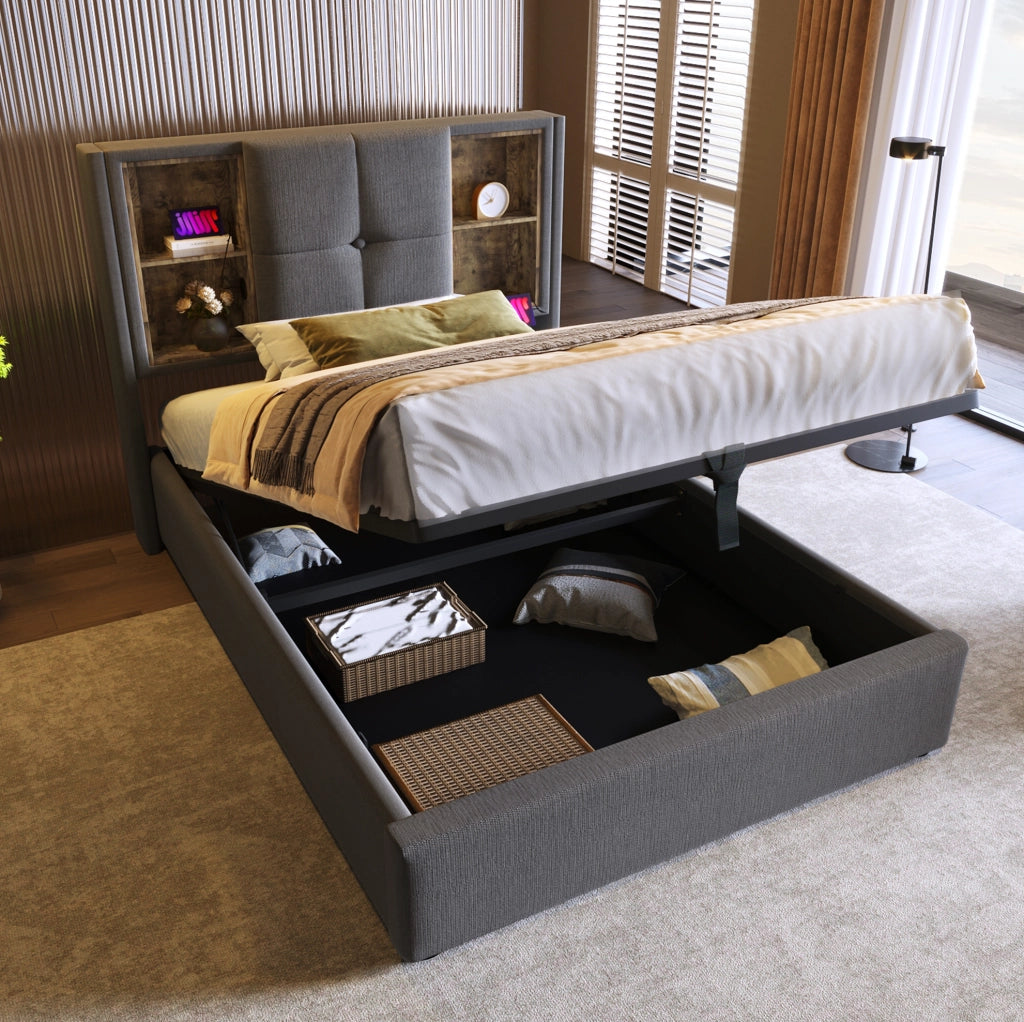Letto 90x200 cm con contenitore, ricarica wireless USB e USB-C in cotone grigio