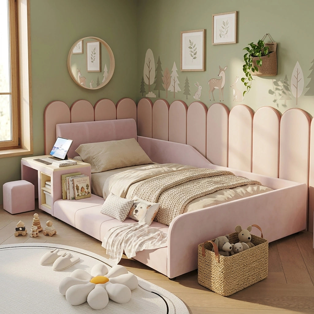 Letto singolo 90 × 200 cm con scrivania sgabello e ripiano testiera imbottita in velluto rosa con rete a doghe