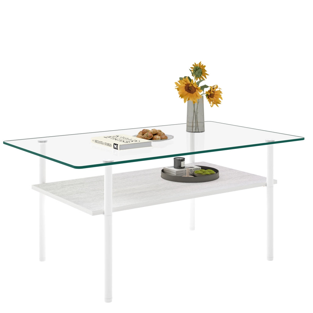 Tavolino basso fisso con piano in vetro temprato; ripiano in MDF e struttura in metallo bianco per soggiorno