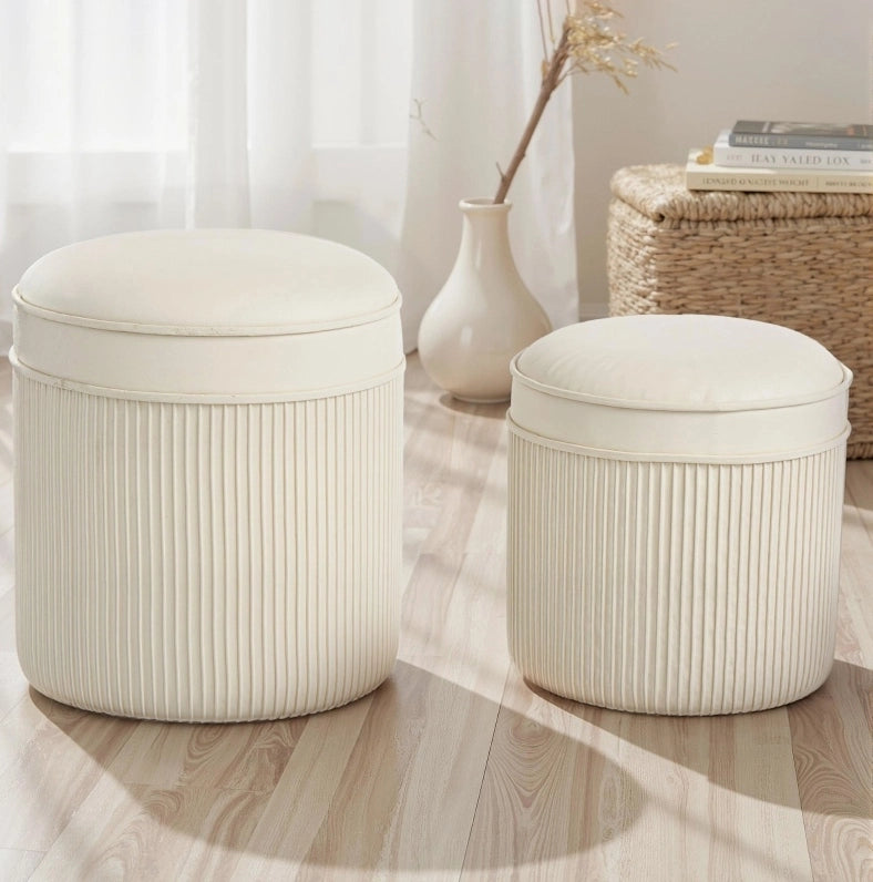 Set di 2 Pouf con Contenitore, Pouf Tondo in Velluto Crema 36x36x41,5 cm