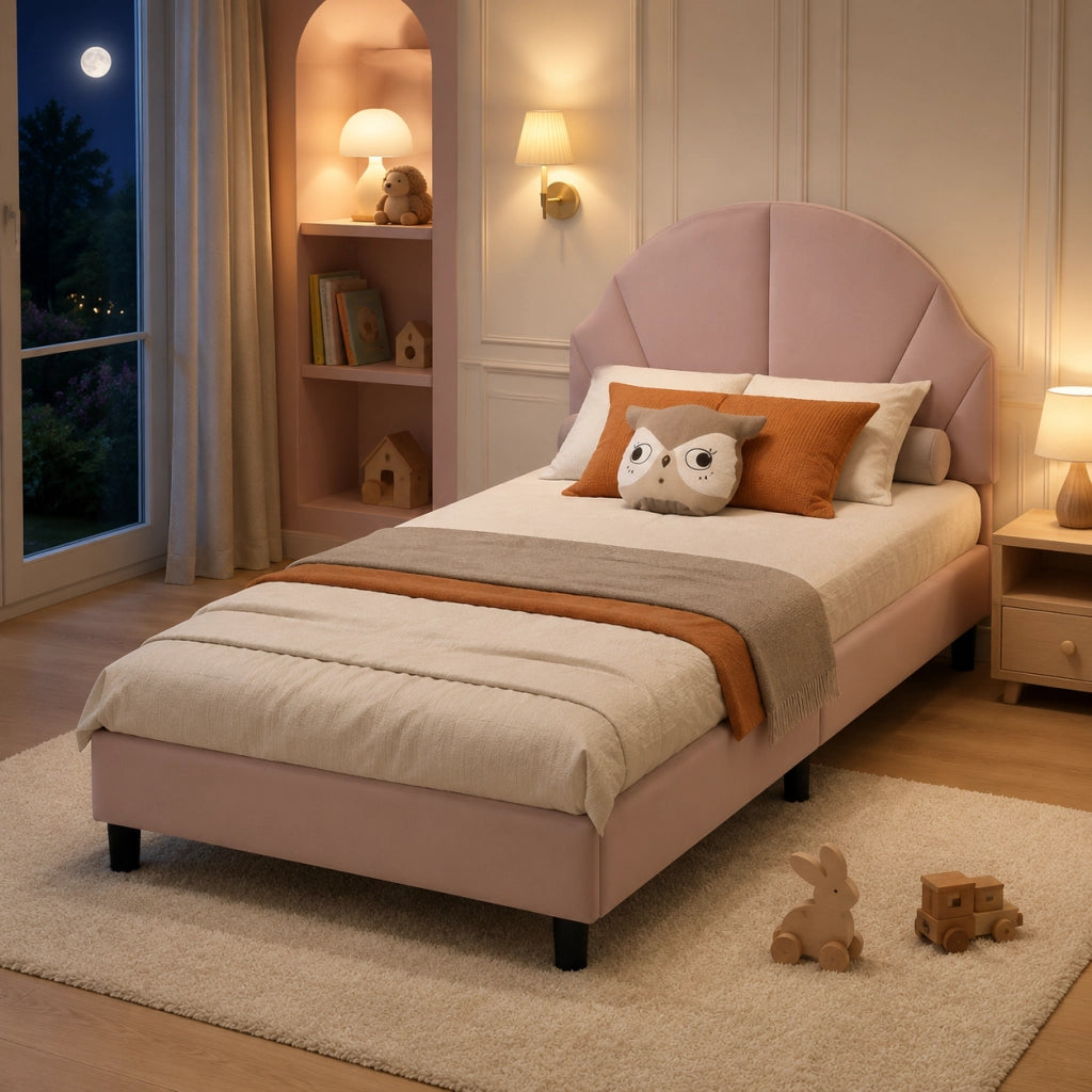Letto per bambini 90x190 cm; letto singolo imbottito con testiera regolabile e rete a doghe per bambini;adolescenti; velluto; rosa; senza materasso
