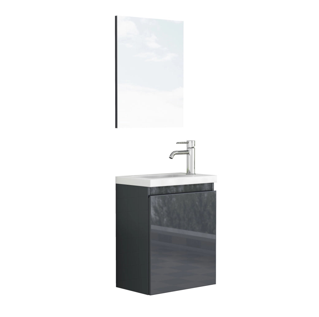 Mobile bagno sospeso con lavabo in ceramica e specchio in MDF grigio lucido