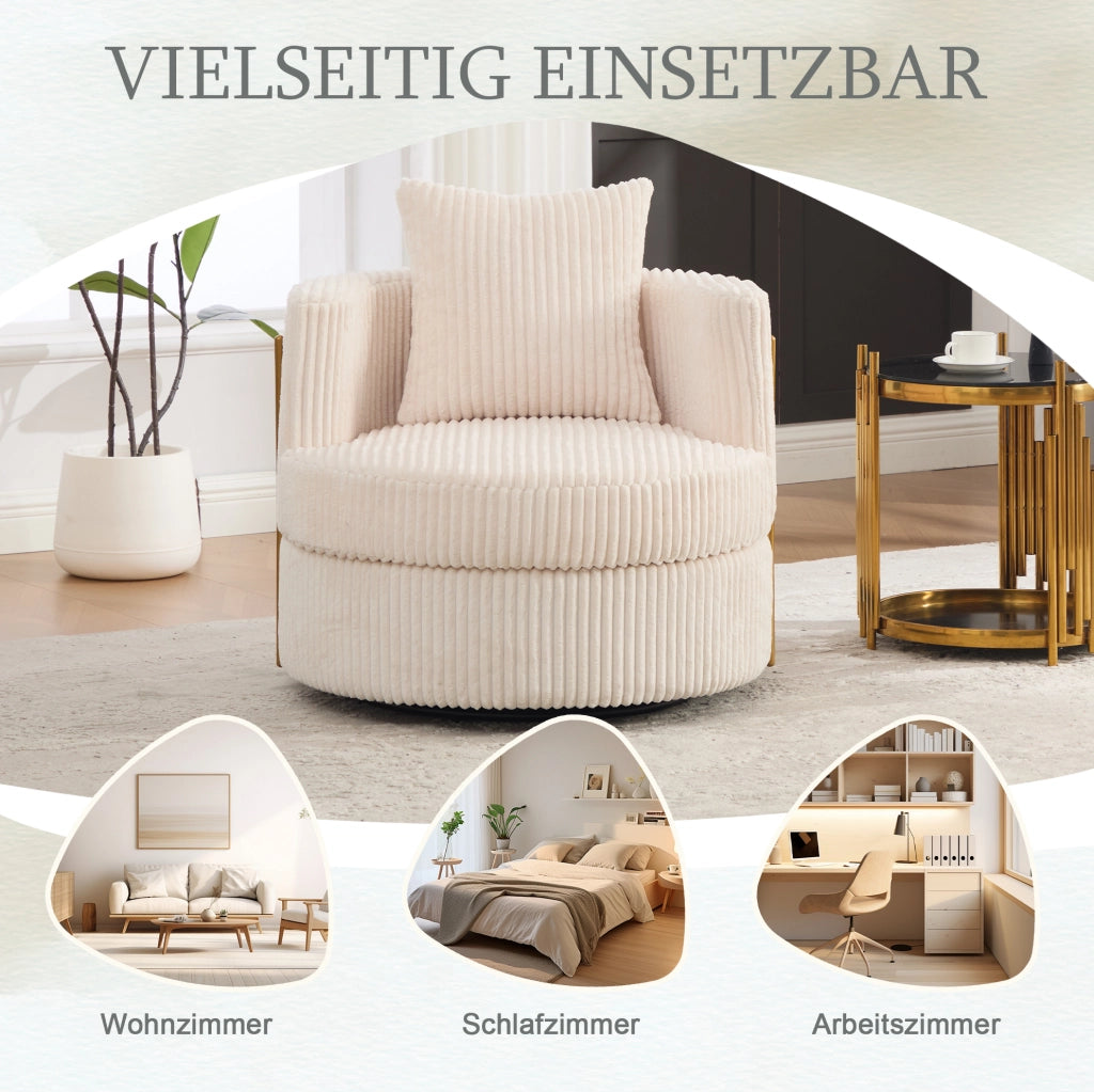 Poltrona girevole beige in velluto a coste con contenitore