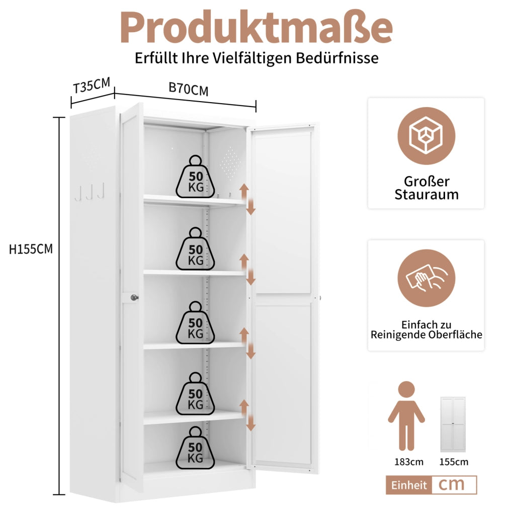 Armadio Dispensa in Metallo Bianco con 4 Ripiani Regolabili 155x70x35 cm per Cucina e Soggiorno