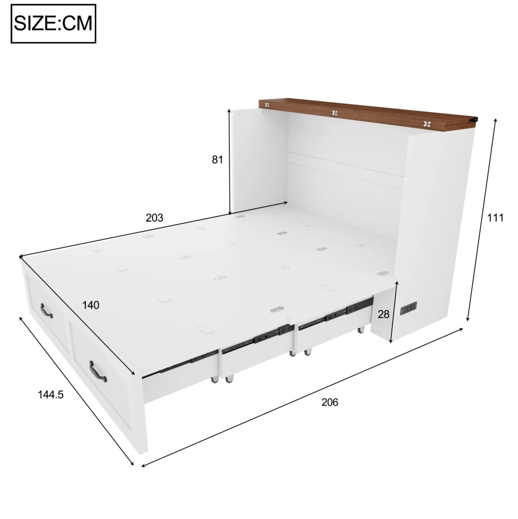 Letto a scomparsa ULEVR 140x200 cm con struttura estraibile, presa europea e ruote silenziose, bianco