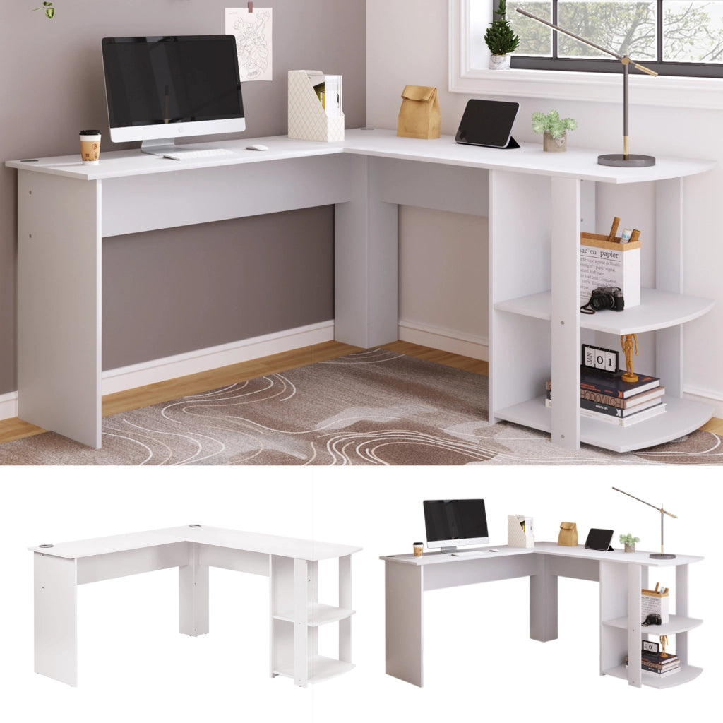 Scrivania angolare 140x140 cm bianca con 2 ripiani HOMVRA