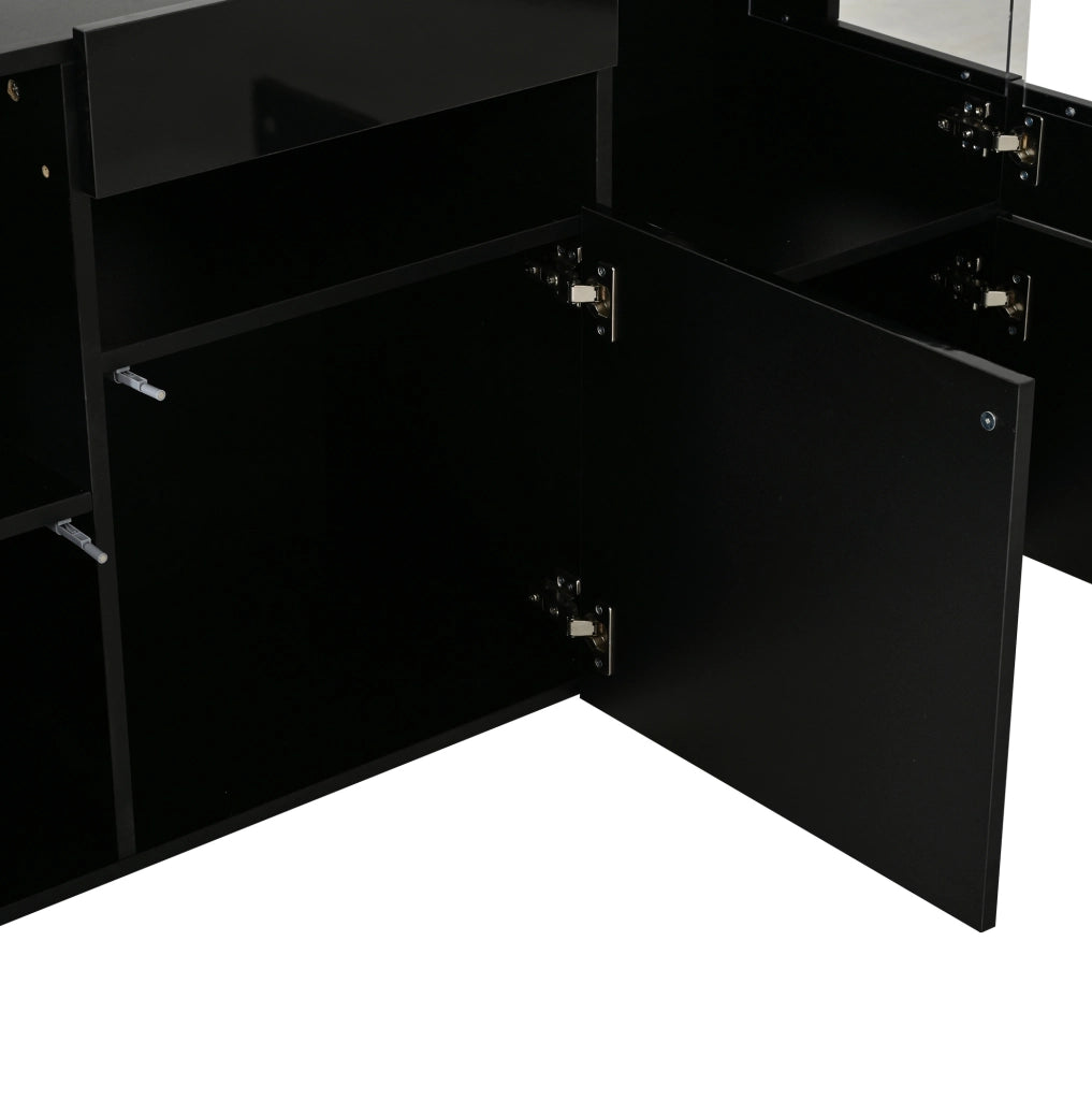 Sideboard soggiorno nero 140 cm con LED, 3 ante e 7 vani