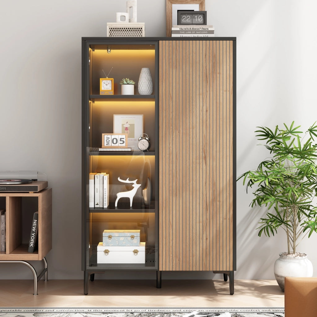 VETRINA 90x40x135 cm MDF Nero/Legno con LED Bluetooth