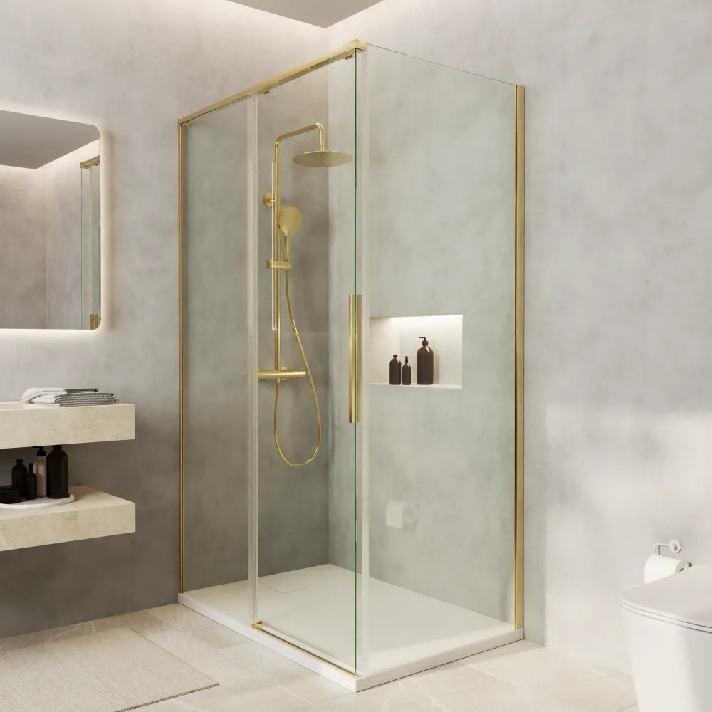 Box doccia 150x90cm scorrevole profili oro spazzolato vetro 8mm trasparente anticalcare h200 | Gili