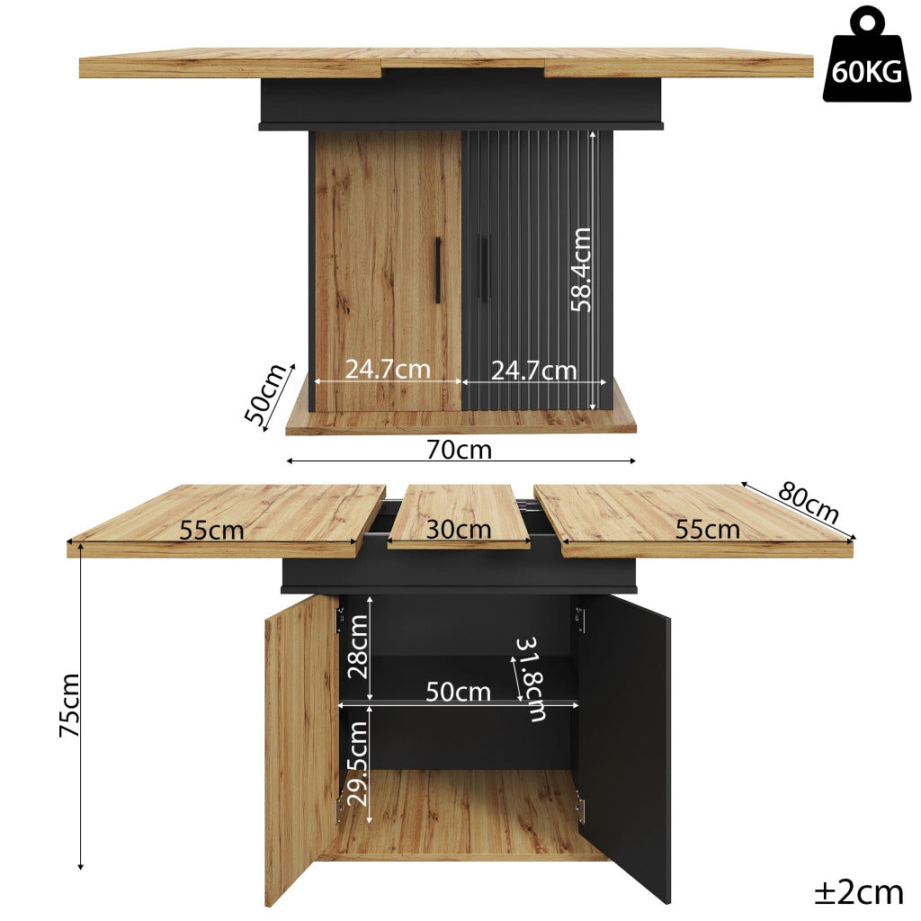 Tavolo allungabile con vano contenitore e ripiani regolabili in MDF e metallo nero naturale 110–140 × 80 × 75 cm