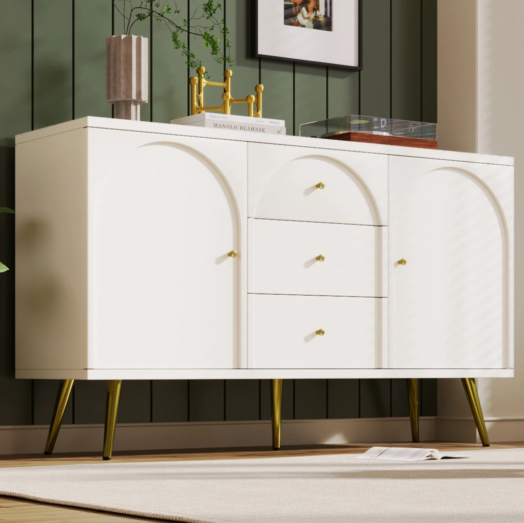 Credenza con 2 ante; 3 cassetti e ripiano regolabile; 140 x 40 x 84 cm; crema