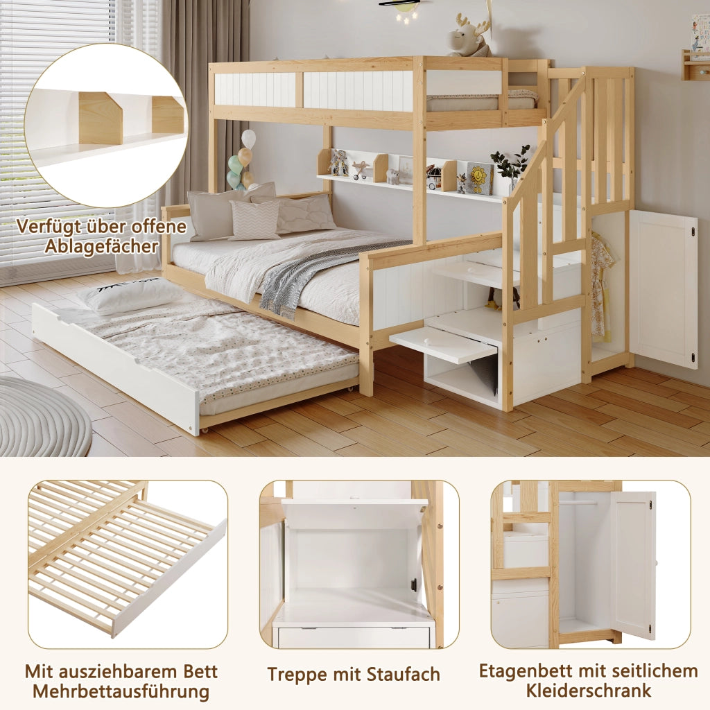 Letto a castello per bambini a tre posti in pino e MDF; con scala contenitore; armadio laterale; bianco e legno naturale