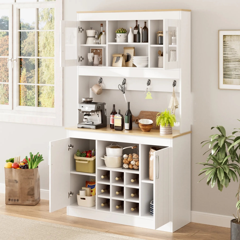 Credenza da cucina con vetrina 175 cm, mobile porta piatti con ripiano vini e appendiabiti, per cucina, sala da pranzo e soggiorno
