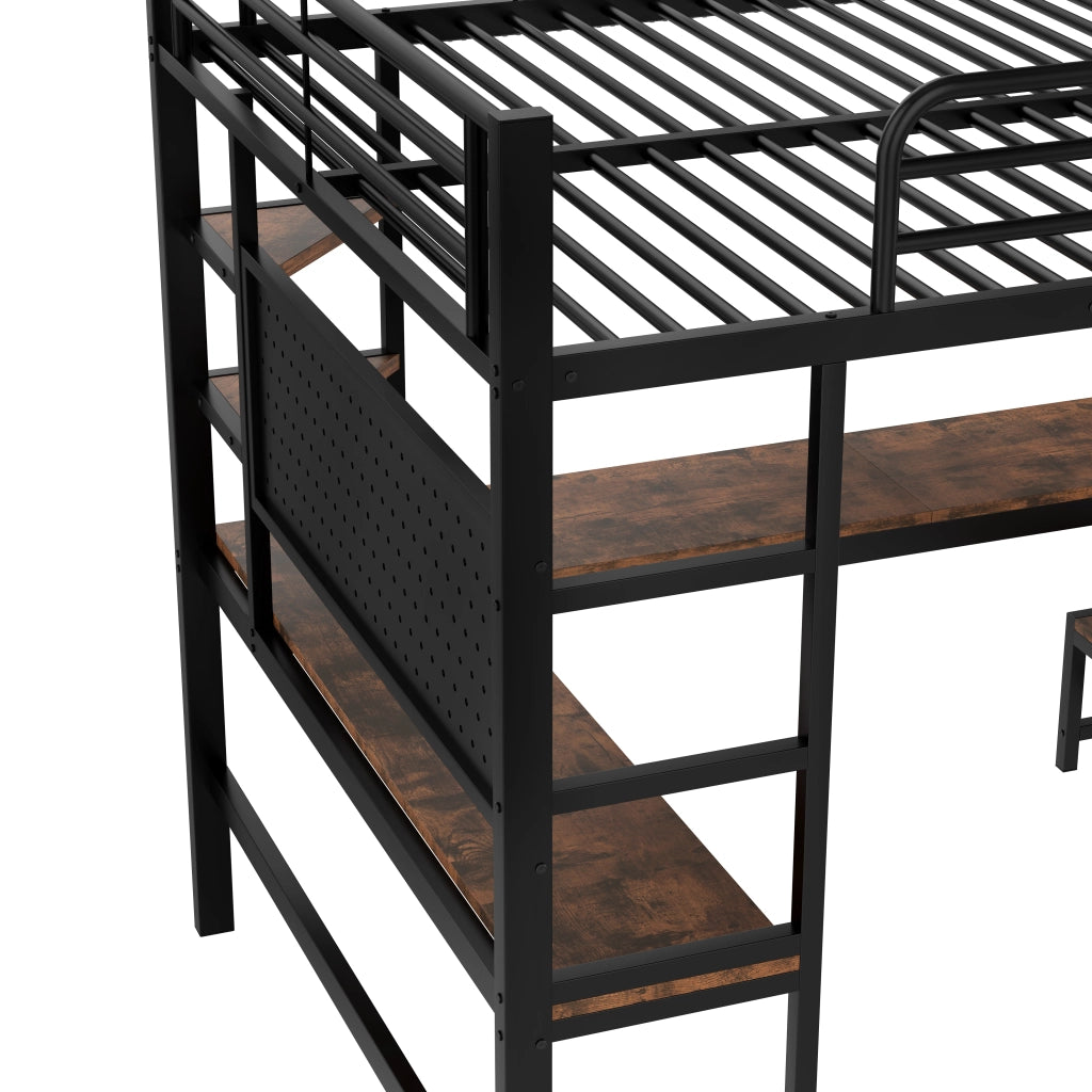 Letto a soppalco 140 × 200 cm con scrivania ripiani LED USB Type-C metallo e MDF nero
