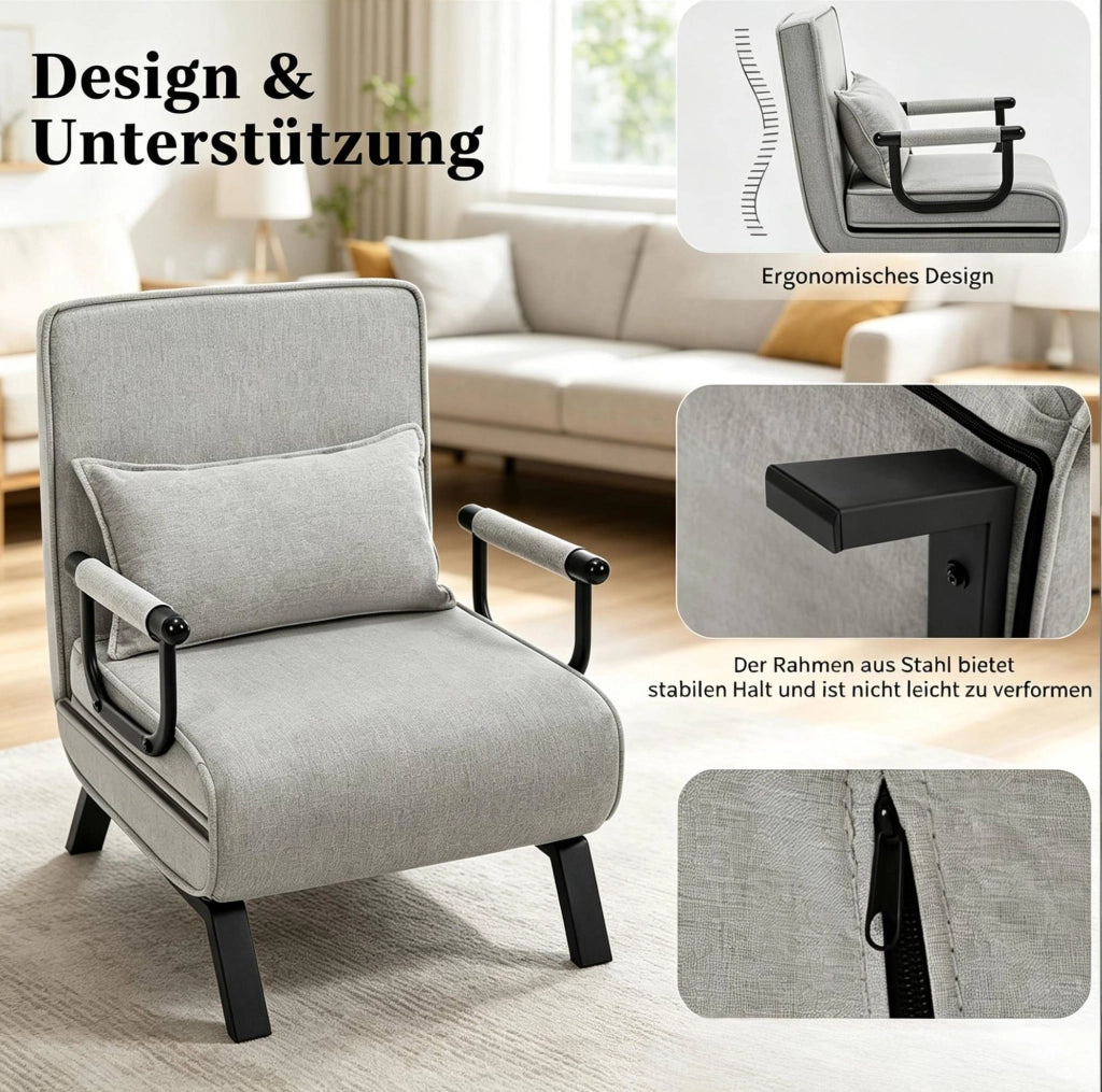 Poltrona Letto Pieghevole con Schienale Regolabile e Struttura in Metallo, 3 in 1 Divano, Poltrona e Letto, 65x78x75 cm