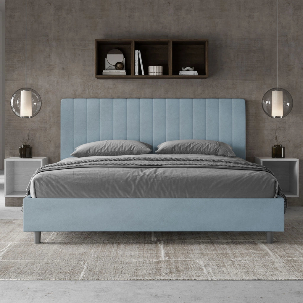 Letto Matrimoniale King Size 200x200 cm con Rete e Contenitore Imbottito in Microfibra Agueda Azzurro