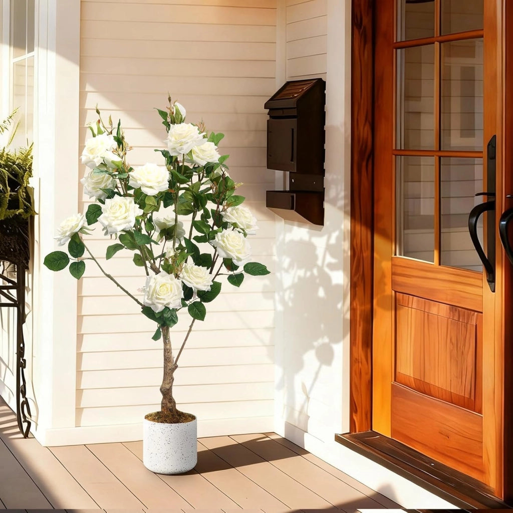 Albero di Rose Bianche Artificiali 80 cm con Foglie in Poliestere e Tronco Naturale