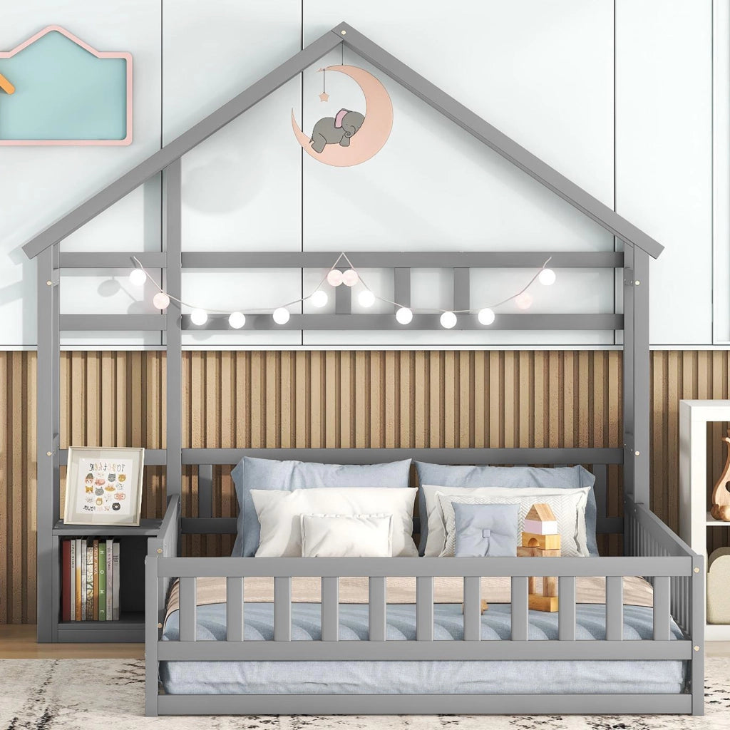 Letto a Casetta 140x200 cm in legno di pino con Sponde di Sicurezza Grigio