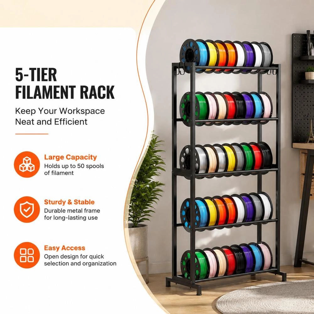 Filament Storage Rack For 3D Printers, 5 Levels, Filament Spool Holder, 635 X 320 X 1300 Mm, Load Capacity 45.3 Kg Per Level, 3D Printer Accessory Organizer For 3D Printing Studios And Workshops, Black