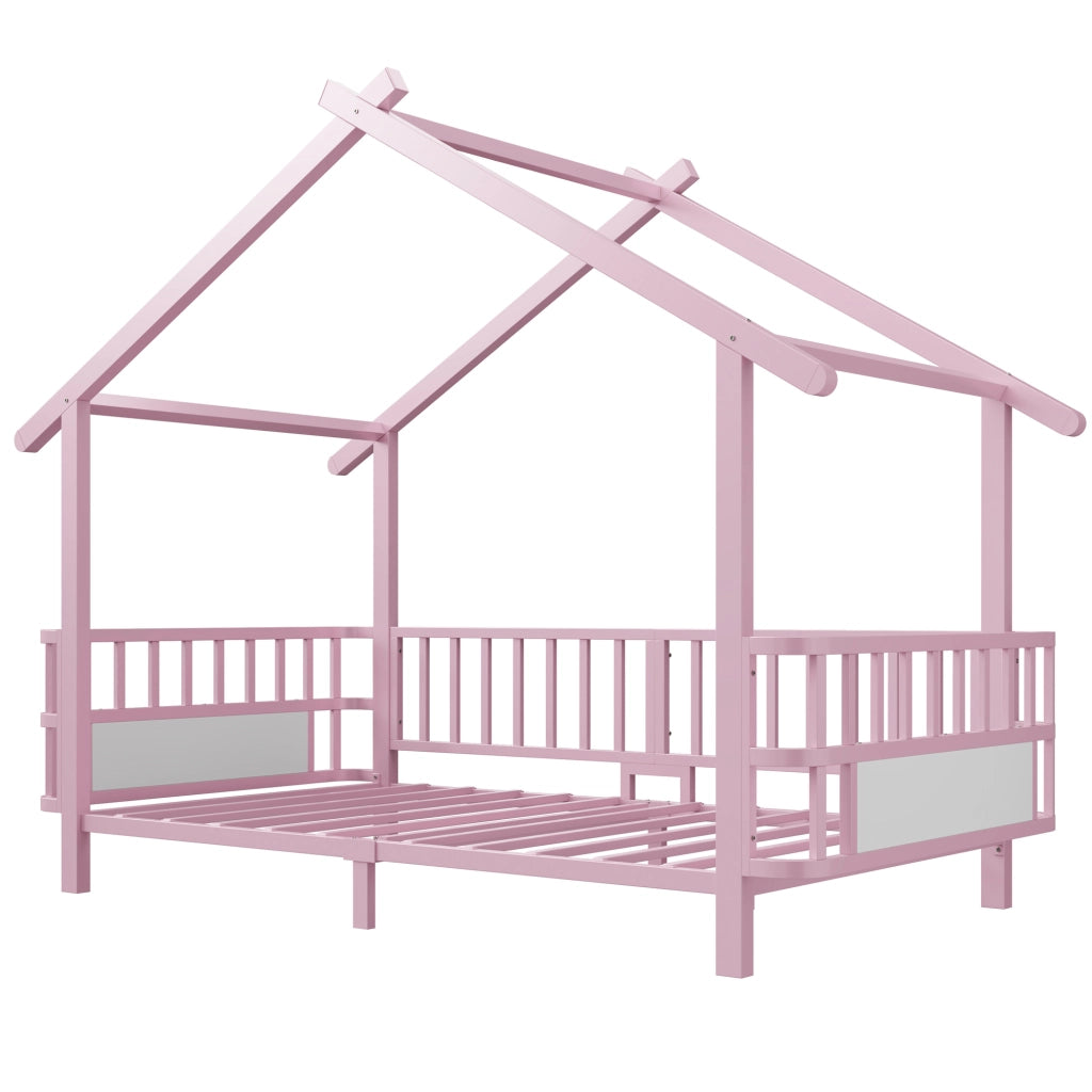 Letto per bambini in metallo a forma di casa, 90 x 200 cm, con griglia di sicurezza, design a tetto e cornice decorativa, per bambini e bambine, Rosa