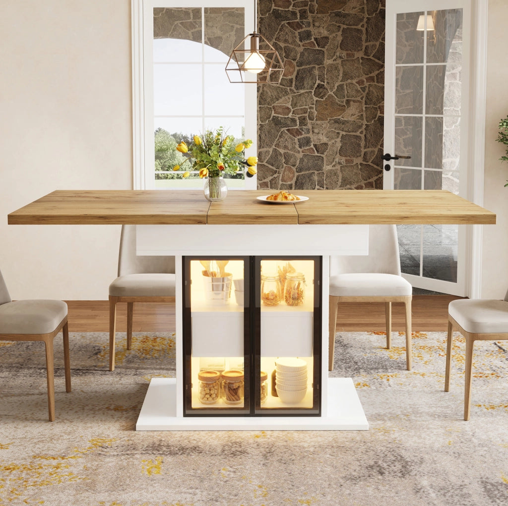 Tavolo da pranzo allungabile con spazio contenitivo, illuminazione LED RGB controllabile via app, 110–140 cm, ante scorrevoli in vetro bianco/nero