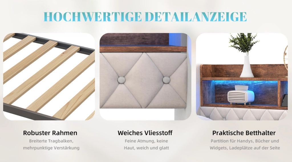 Divano letto 90x190 cm in velluto beige con contenitore in legno, illuminazione LED, prese USB e Type-C, rete a doghe e braccioli