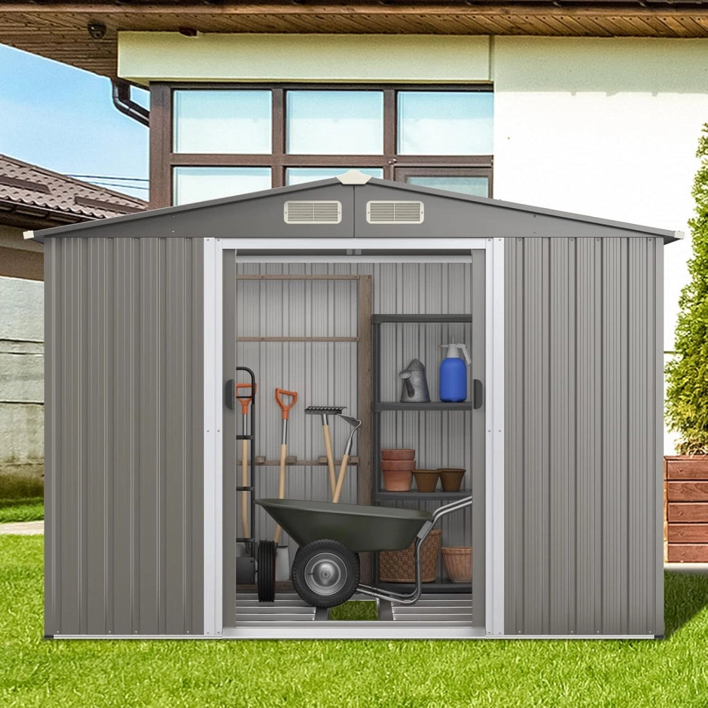 Casetta da Giardino 260 x 207 x 181 cm, Capanni da Esterno con 4 Feritoie, Doppie Porte e Rampa, Capannone Porta Attrezzi in Acciaio Zincato per Giardino e Cortile (Grigio sicuro)