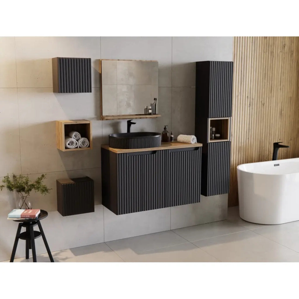 Mobile da bagno VANO - Cesto per la biancheria integrato - Nero opaco - L40 × P39 × H57 cm - Da appendere