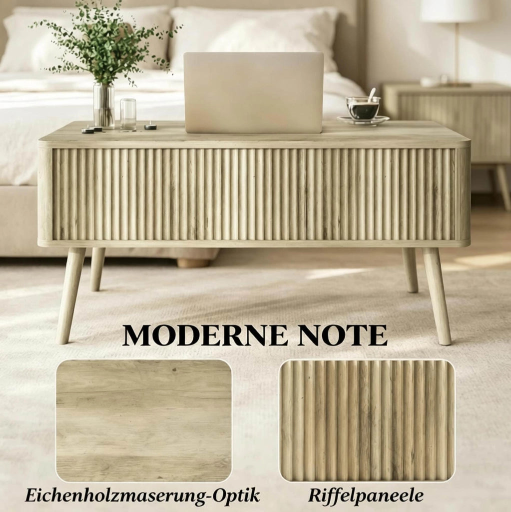 Tavolino da salotto con piano regolabile in altezza in MDF e legno di pino, colore rovere, 91x56 cm