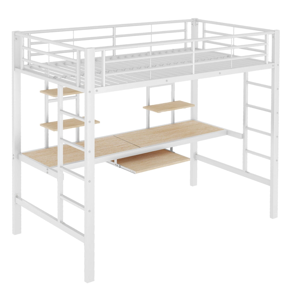 Letto a soppalco in metallo bianco 90x200 cm con scrivania e mensole YEAVIO