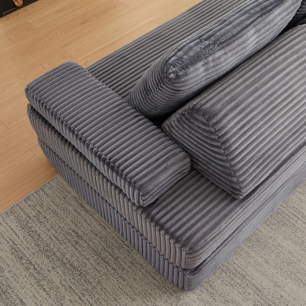 Divano modulare in velluto a coste grigio con schienali mobili e configurazioni flessibili