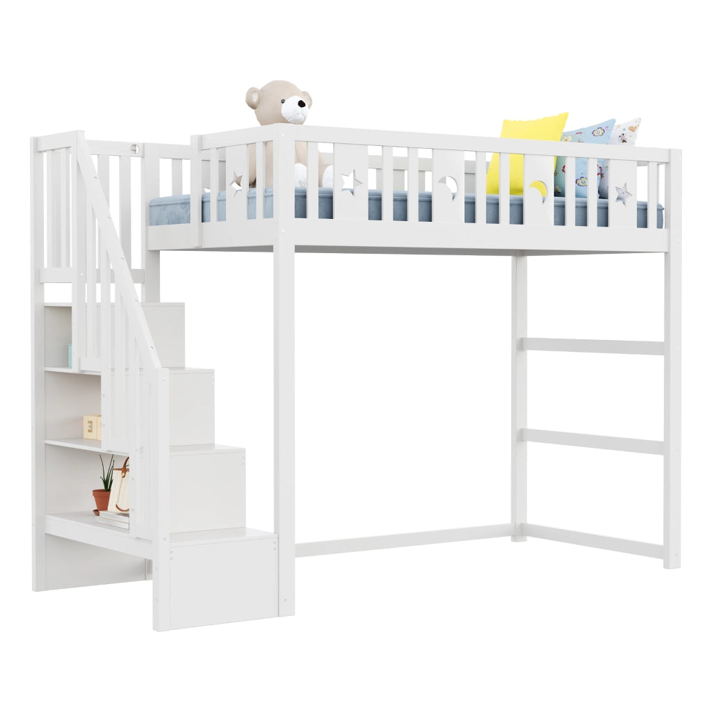 Letto a soppalco per bambini 90 × 200 cm con scala e ripiani in legno bianco con barriera di sicurezza
