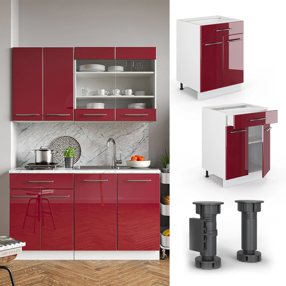 Mobiletto base per cucina Fame-Line Bordeaux lucido/Bianco 60 cm con cassetto, PL Marmo Vicco