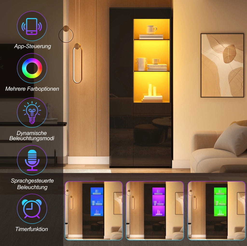Vetrina 70x35x180 cm con LED controllabile via app; 2 ante e cassetto; nera