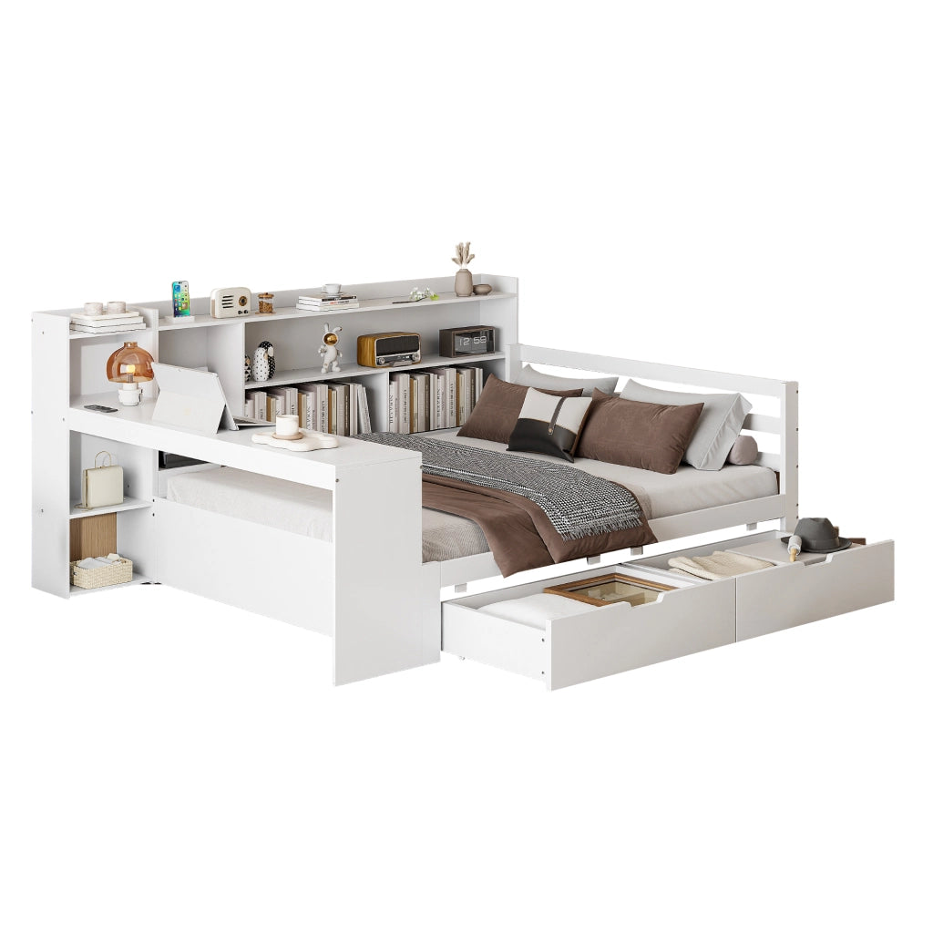 Letto matrimoniale 140x200 cm in legno bianco con scrivania; libreria; cassetti e presa USB