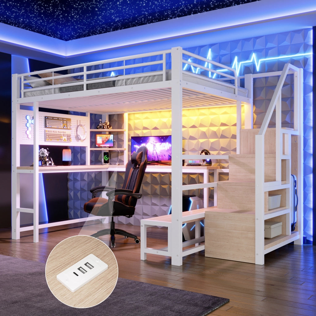 Letto a Soppalco 140x200 cm, con Scrivania, USB e Type-C, LED e Mensole