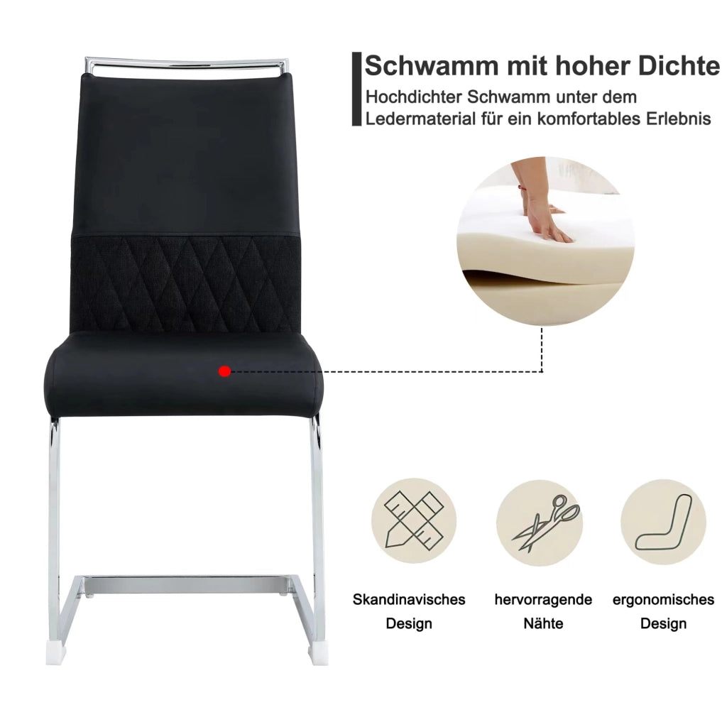 Set di 4 sedie da pranzo ergonomiche nere con schienale imbottito in PU e lino
