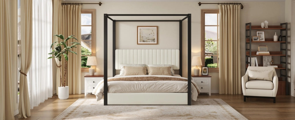 Letto imbottito con struttura a baldacchino 180x200 cm, testiera imbottita e telaio in metallo beige e nero