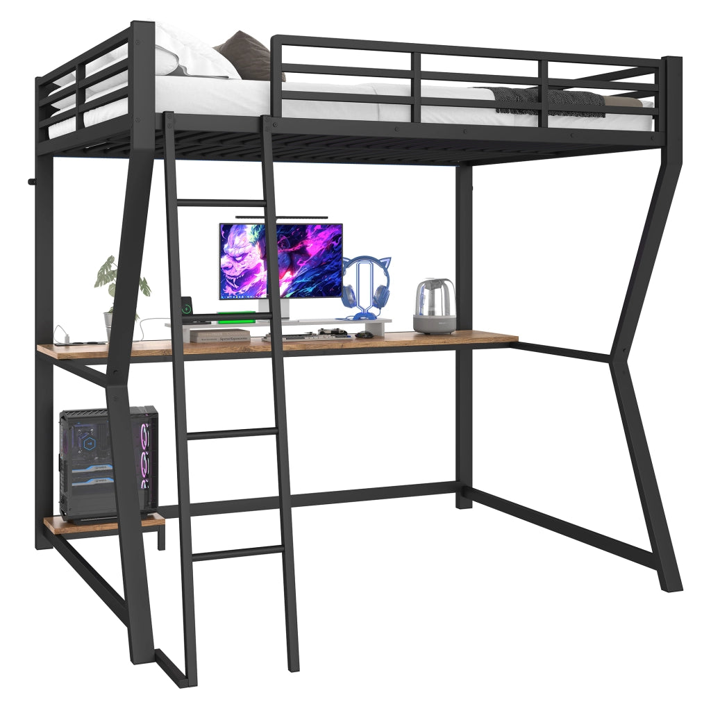 Letto a soppalco 140 x 200 cm con luci LED, ripiano per consolle, scrivania, presa + USB, spondine, scala, senza materasso - Nero
