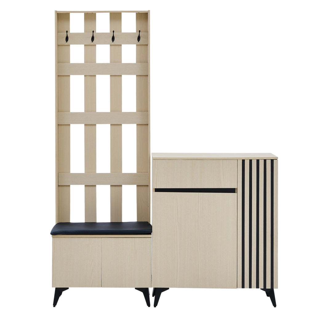 Mobile da ingresso con guardaroba, panca imbottita, 4 ganci, scarpiera a 2 ante e cassetto in MDF effetto legno