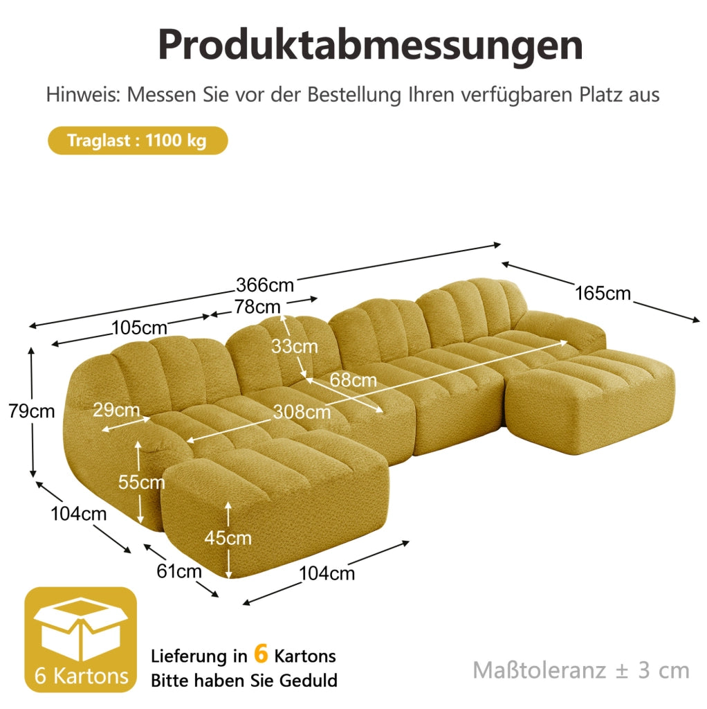 Divano modulare a U 4 posti 366x165x79 cm in tessuto peluche giallo, 2 pouf