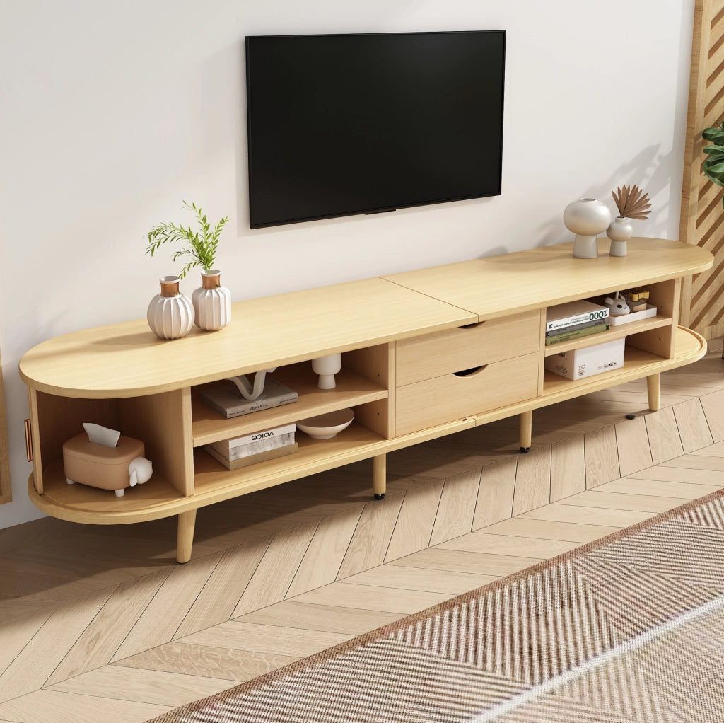 Mobile TV ovale in MDF rovere con 2 cassetti e ante scorrevoli 170 x 40 x 42 cm