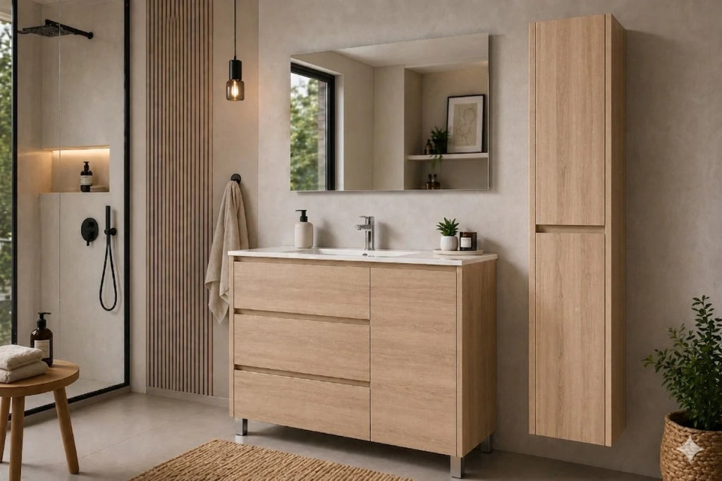 Mobile Bagno VOLUM Già Montato 3 cassetti e porta, lavabo e specchio Estepa 120x45 cm con colonna