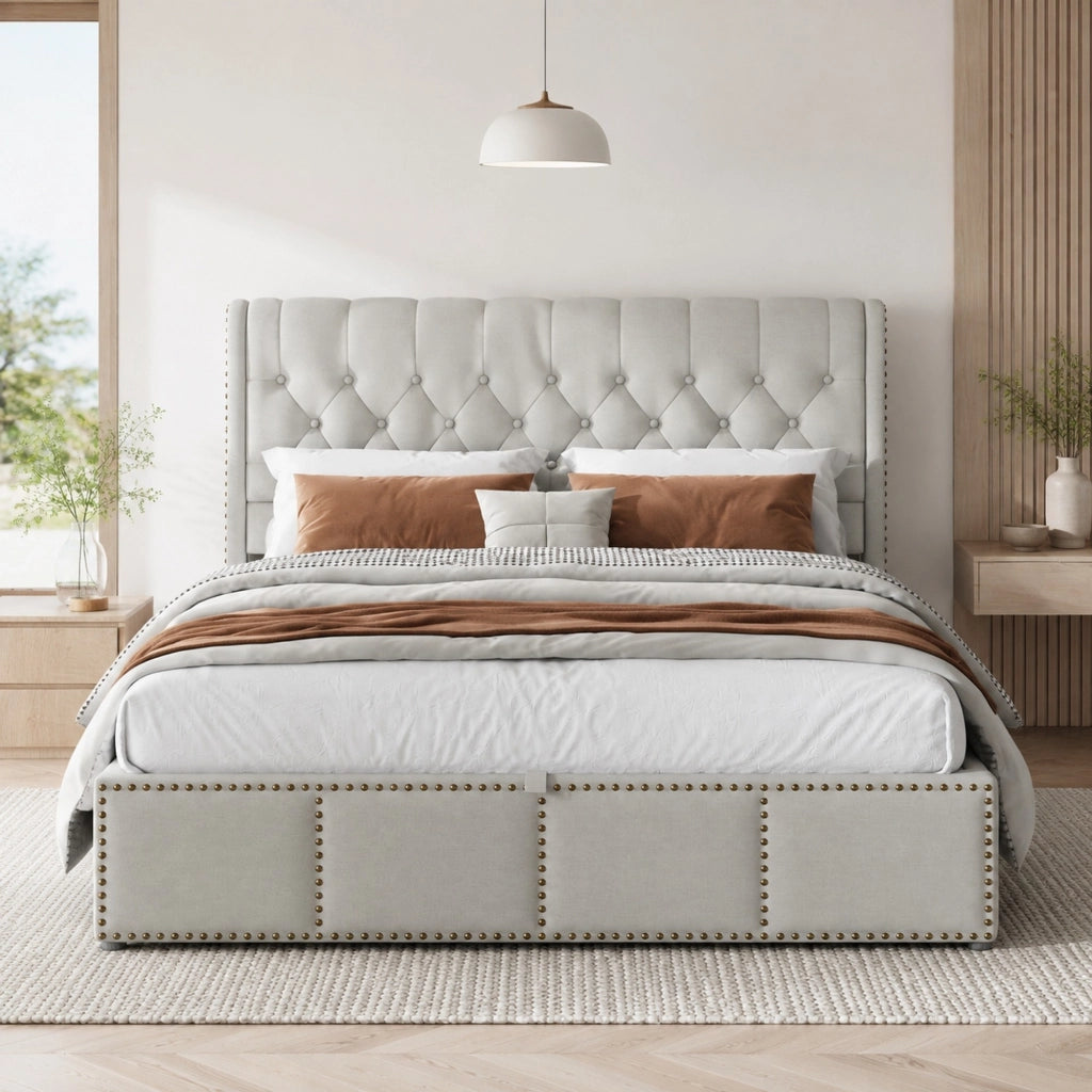 Letto matrimoniale 140x200 cm con contenitore; rivestimento in lino; grigio