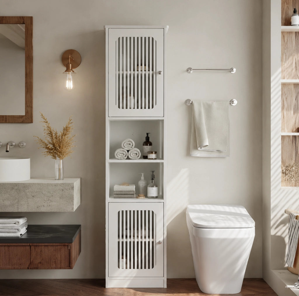 Colonna bagno bianca con ante a lamelle e ripiani regolabili